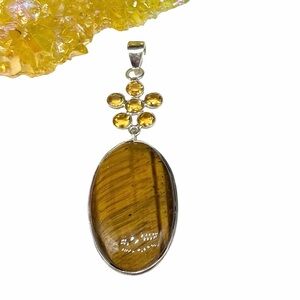 Tiger’s Eye Citrine Flower Necklace Pendant Solid 925 Sterling Silver Oval Stone